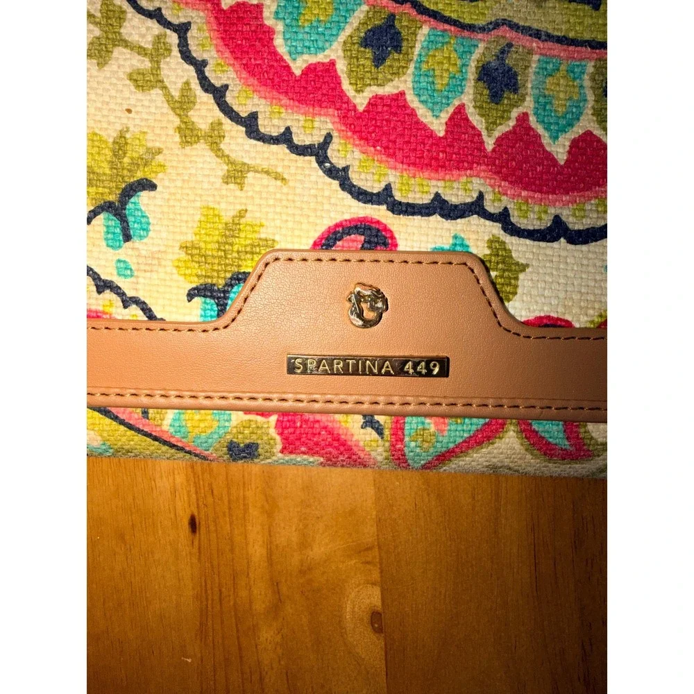 Spartina 449 Paisley Linen Leather Crossbody Wallet Bag Pink Tan Gold‎ Logo